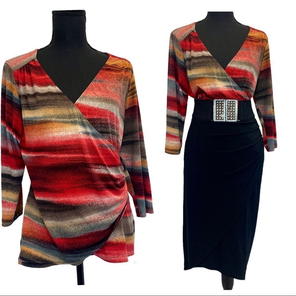 LAURA Petites multicoloured longsleeve wrap blouse Sz L stretchy